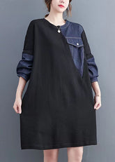 Vestidos de suéter de mezclilla azul con parches negros vintage, vestidos de suéter holgados con bolsillos y citas